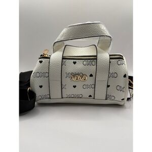 XOXO White Mini Cylinder Duffle Crossbody Bag Heart Print Gold Hardware New
